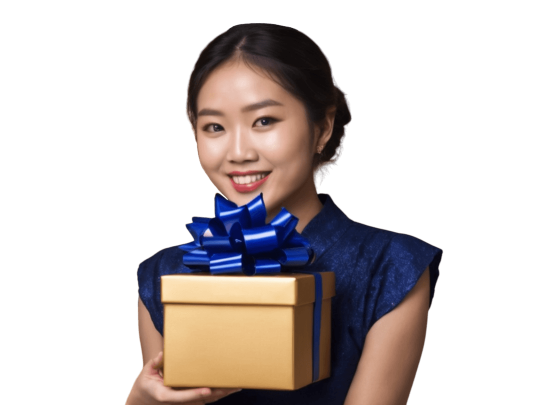 Woman wearing navy blue dress holding a golden color gift box